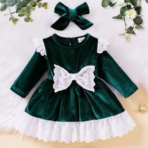 Baby Eyelet Embroidery Bow Front Velvet Dress With Headband